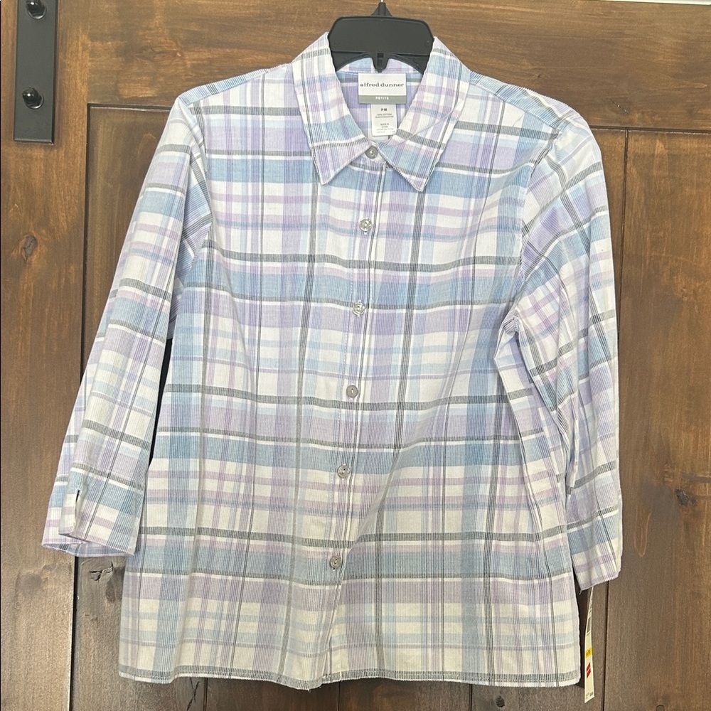 E504 Alfred Dunner women's 3/4 sleeve plaid button-down top
